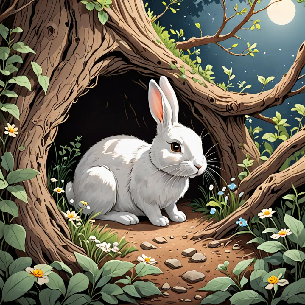 a white rabbit sitting in a hole in the woods with flowers and leaves around it, with a full moon in the background, magical realism, a storybook illustration, Beatrix Potter, rossdraws global illumination