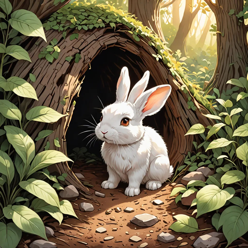 a white rabbit sitting in a tunnel in the woods with leaves around it and a forest background with rocks and plants, fantasy art, a storybook illustration, Clint Cearley, rossdraws global illumination