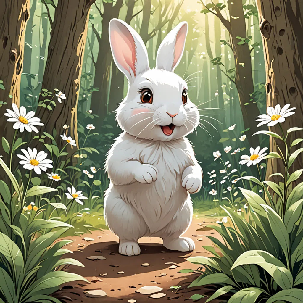 a white rabbit standing in the middle of a forest with daisies around it and a forest background with trees and flowers, altermodern, a storybook illustration, Beatrix Potter, magic the gathering artwork