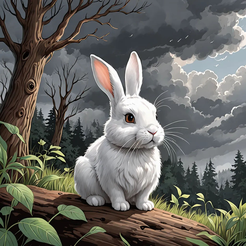a white rabbit sitting on a log in a forest with a dark sky in the background and a tree with leaves, fantasy art, a storybook illustration, Ed Binkley, fantasy illustration