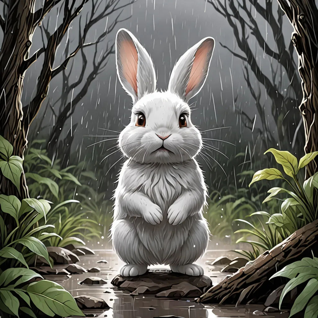 a white rabbit sitting on a rock in the rain with its eyes open and it's legs crossed, magical realism, a storybook illustration, Ed Binkley, highly detailed digital painting