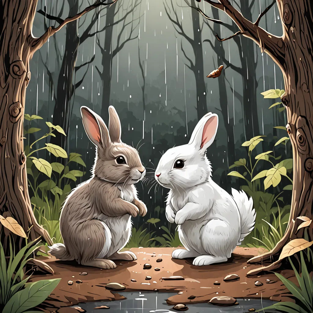 two rabbits sitting in the woods in the rain, one is touching the other's ear with its paws, magic realism, a storybook illustration, Dan Mumford, storybook illustration