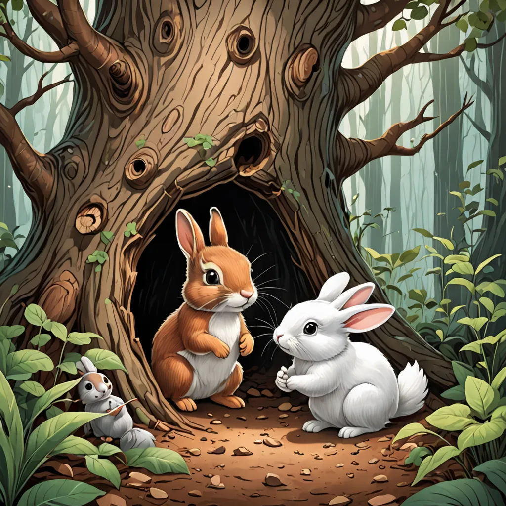 a rabbit and a rabbit in a forest with a hole in the ground for a rabbit to enter it, fantasy art, a storybook illustration, Dan Mumford, storybook illustration