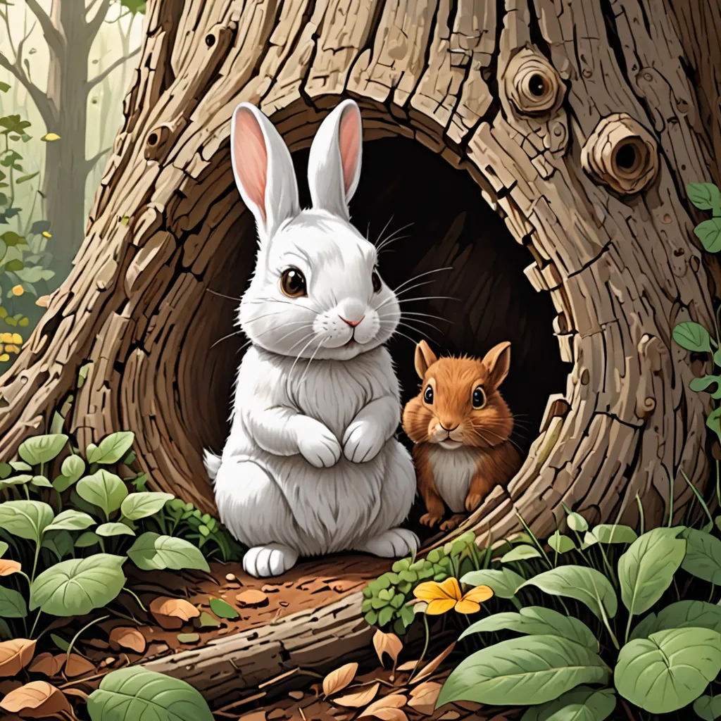 a rabbit and a squirrel are sitting in a hollow in the woods with leaves and flowers around them,, magical realism, a storybook illustration, Beatrix Potter, highly detailed digital painting