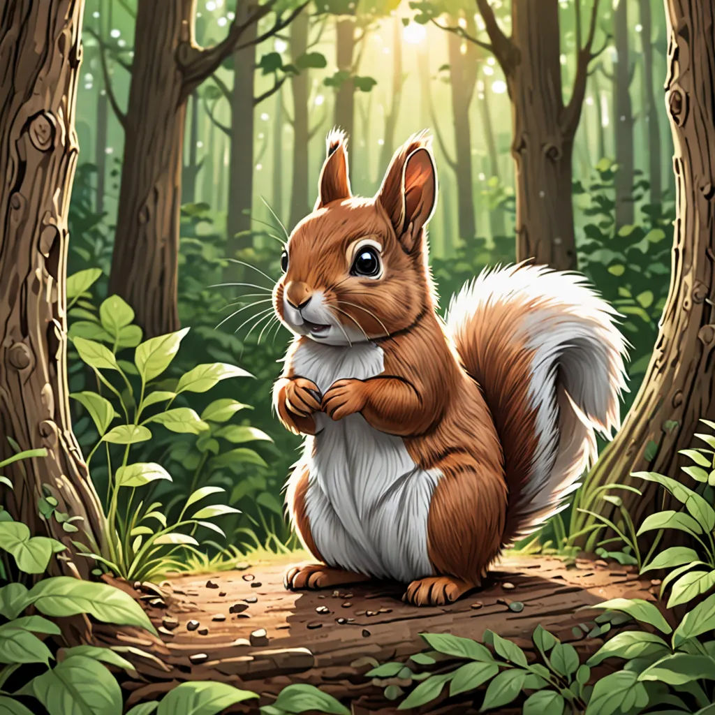 a squirrel is sitting in the middle of a forest with a sunbeam in the background and a forest floor, furry art, a character portrait, Chris LaBrooy, official art