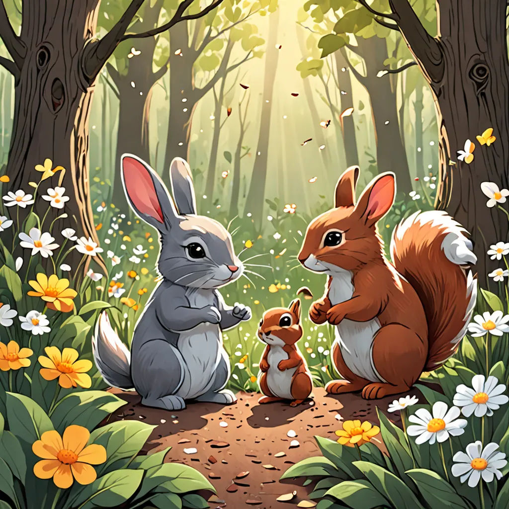 a couple of rabbits sitting on top of a forest floor next to a baby rabbit in a forest with flowers, furry art, a storybook illustration, Chris LaBrooy, official art