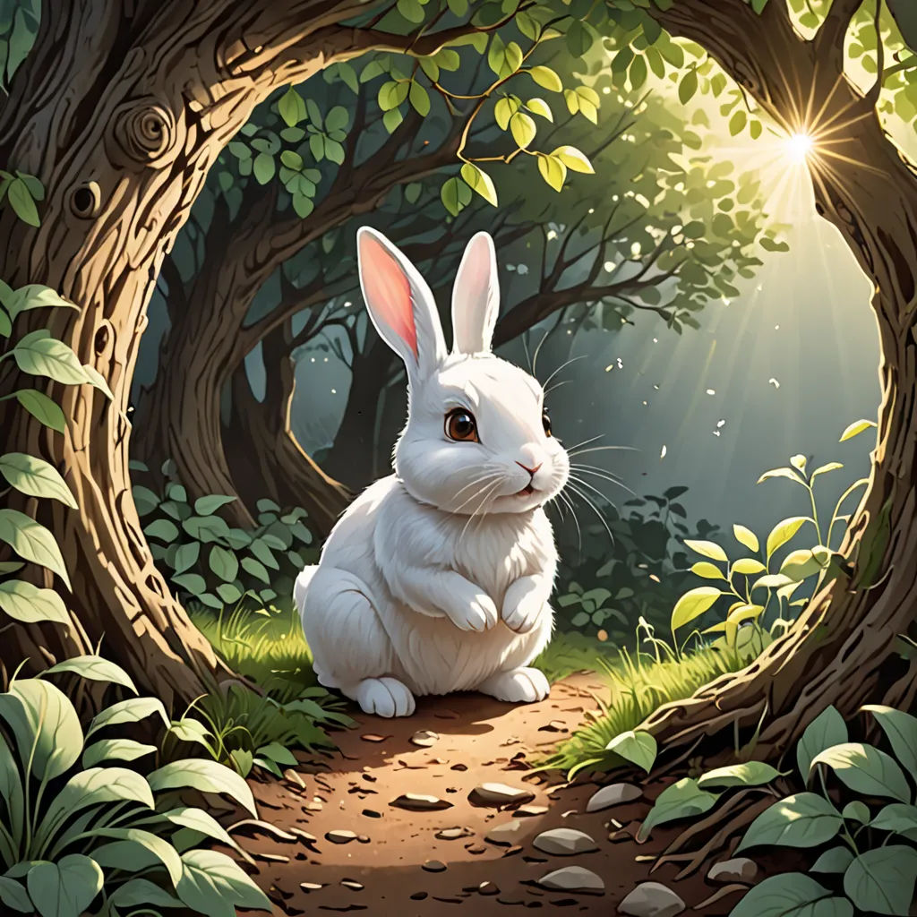 a white rabbit sitting in a forest with a light shining through the trees and leaves on the ground,, fantasy art, a storybook illustration, Ed Binkley, rossdraws global illumination