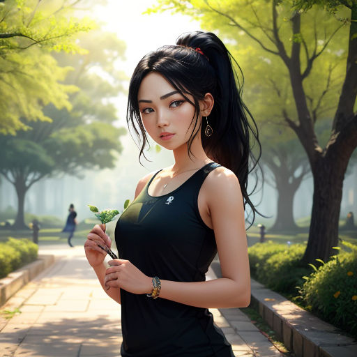 a woman holding a flower in a park with trees in the background and a man walking by on a sidewalk