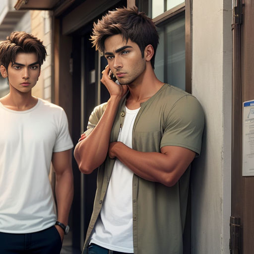 two men standing next to each other on a sidewalk talking on cell phones and looking at the camera with a serious look on their faces