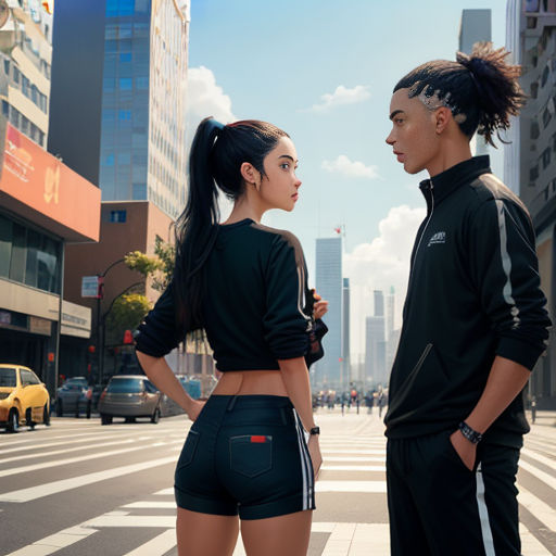 a man and a woman standing on a street corner in front of a crosswalk with buildings in the background