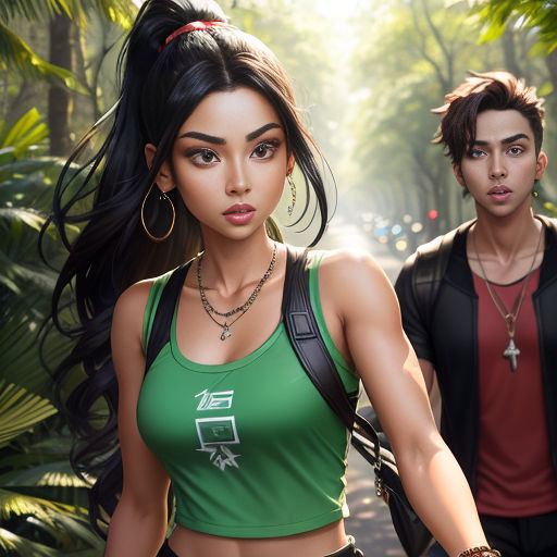 a couple of people that are walking down a street together in the day time, with a woman in a green top