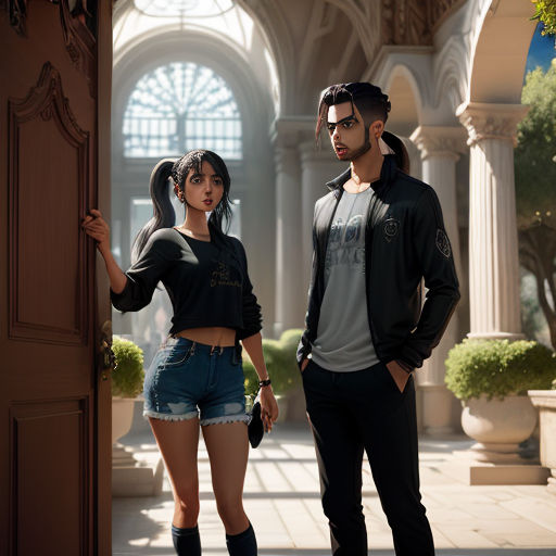 a man and a woman standing in a doorway of a building with a clock on the wall and a doorway