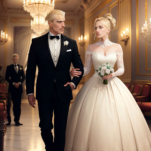 a man and a woman in formal wear walking down a hall together in formal wear and tuxedos