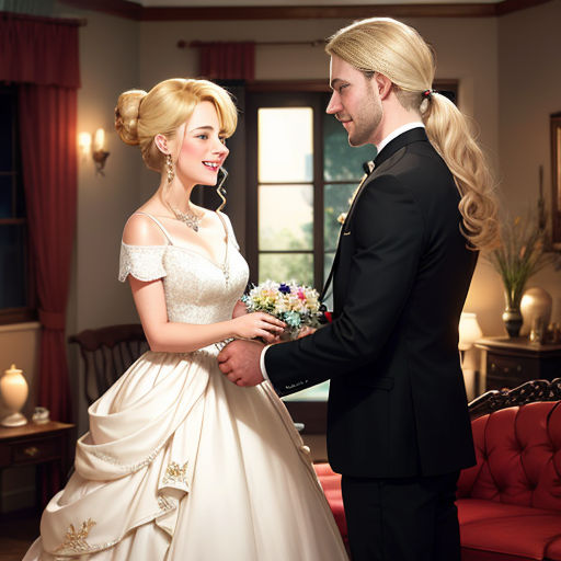 a man and woman in formal wear standing next to each other in a room with red furniture and a red couch
