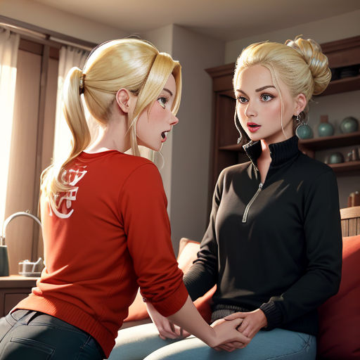 two women sitting on a couch talking to each other in a living room with a window behind them and a shelf with vases