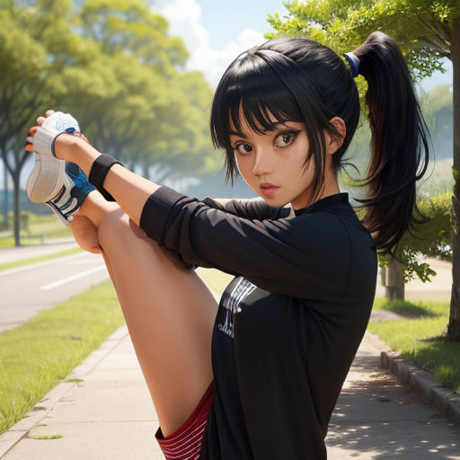 a woman with a ponytail and ponytails is posing on the sidewalk with her arms behind her head and a bottle of water in her hand