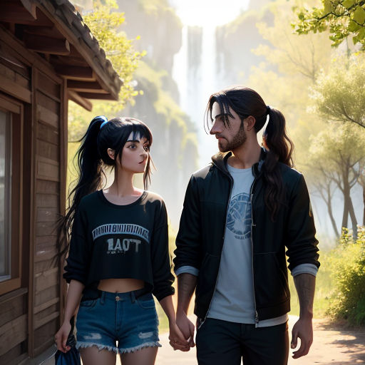 a man and a woman walking down a street holding hands and looking at each other with a waterfall in the background