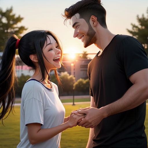a man and a woman standing in a field holding hands and smiling at each other with the sun setting behind them