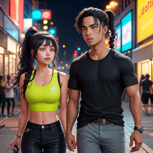 a man and a woman walking down a street at night with neon lights on the buildings behind them and a neon sign in the background