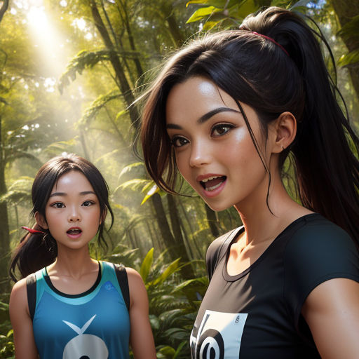 two young women standing in a forest with sunlight shining through the trees behind them and a forest background with trees and ferns