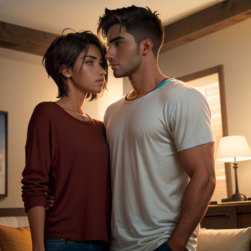 a man and a woman standing next to each other in a living room with a lamp on the wall