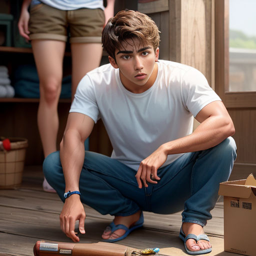 a young man kneeling down next to a box of baseball bats and a bat with a woman standing behind him
