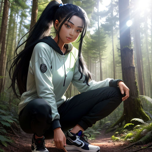 a woman kneeling down in the woods with long hair and a ponytail on her head, wearing a white and black jacket