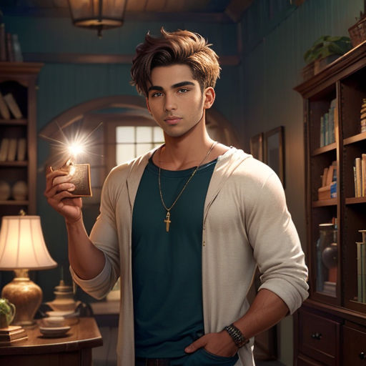 a man holding a lit candle in a room with a bookcase and lamp on the table in front of him