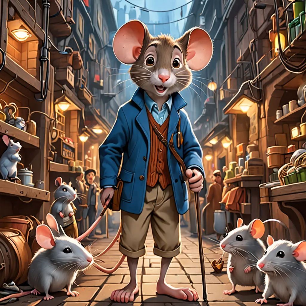 a cartoon mouse with a cane and a suit on and a group of mice in the street with buildings, fantasy art, a storybook illustration, Chris LaBrooy, rossdraws global illumination