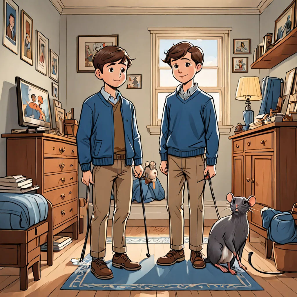 two boys standing in a room with a dog and a cat on a leash in front of them, a bed and a dresser, furry art, a storybook illustration, Brothers Hildebrandt, official art