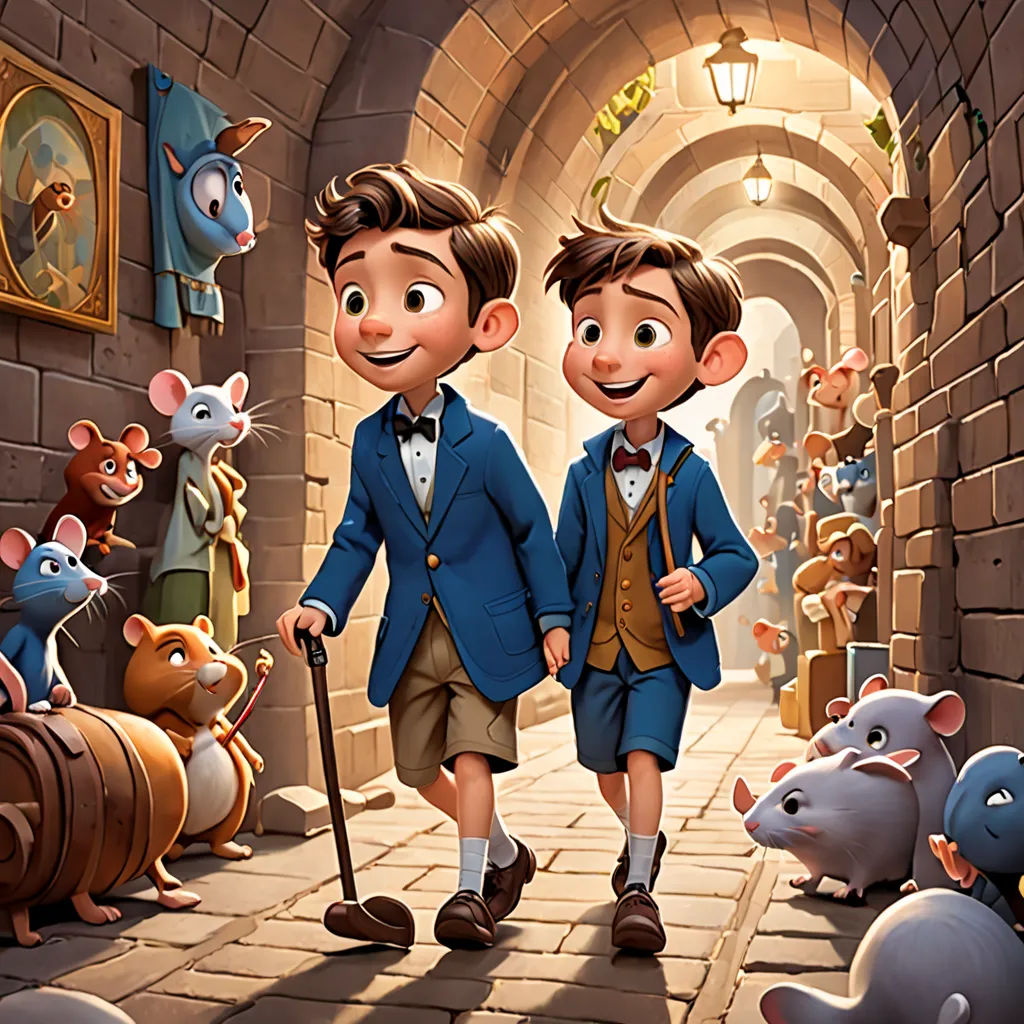 a couple of kids walking down a hallway next to a bunch of mice and mice on the ground and a man in a blue suit, sots art, concept art, Brothers Hildebrandt, official art