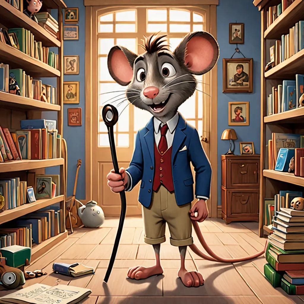 a cartoon mouse holding a cane in a library with books on the shelves and a bookcase full of books, furry art, a storybook illustration, Chris LaBrooy, promotional image