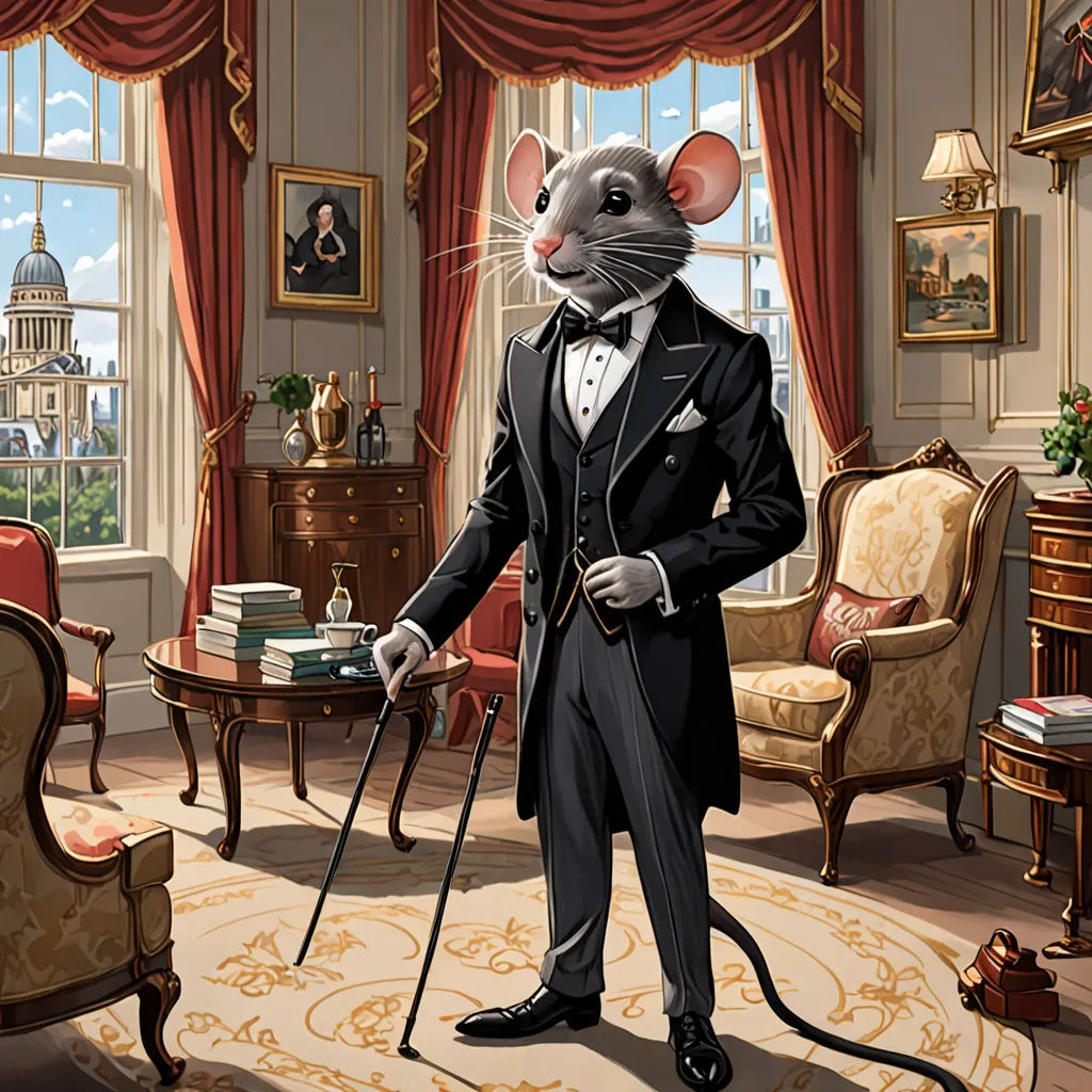 a mouse in a suit and tie standing in a room with a chair and a table with a lamp, magic realism, a storybook illustration, Christopher Wren, storybook illustration