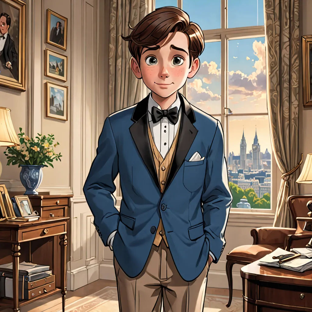a man in a suit standing in a room with a desk and a window with a view of a city, paris school, a comic book panel, Cliff Childs, official art