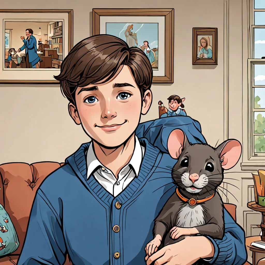 a boy holding a mouse in his arms in a living room with a couch and a painting of a man, furry art, a comic book panel, Cliff Childs, comic cover art