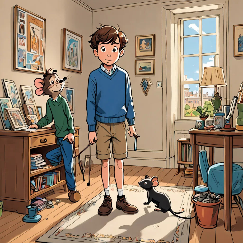 a boy and a boy are standing in a room with a mouse on a leash and a cat on a rug, magic realism, a storybook illustration, Diego Gisbert Llorens, official art