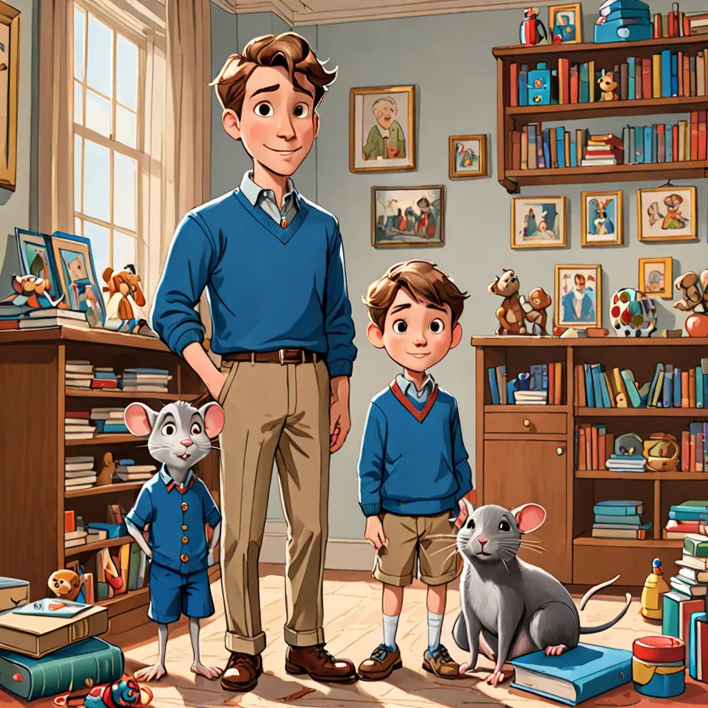 a man and a boy standing in a room with a mouse and a cat in front of them and a bookcase full of books, sots art, a storybook illustration, Brothers Hildebrandt, official art