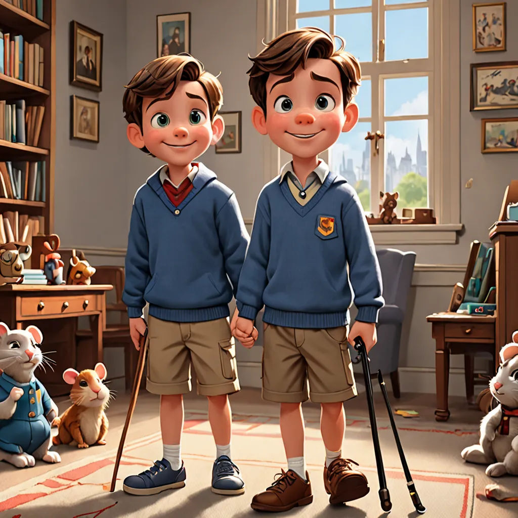 a couple of kids standing next to each other in a room with a mouse and a cat on the floor, sots art, a poster, Brothers Hildebrandt, promotional image