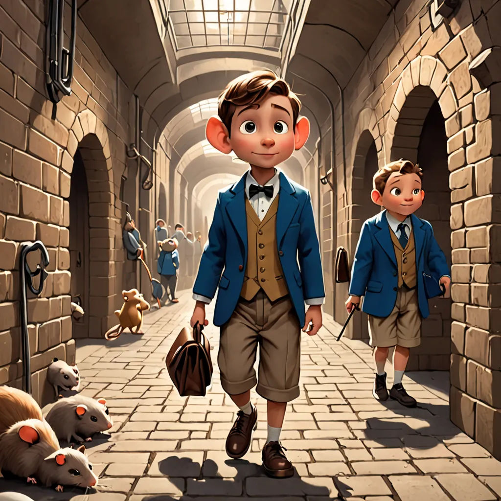 a cartoon of a boy and a boy in school uniforms walking down a hallway with a rat on the floor, fantastic realism, a storybook illustration, Clint Cearley, rossdraws global illumination