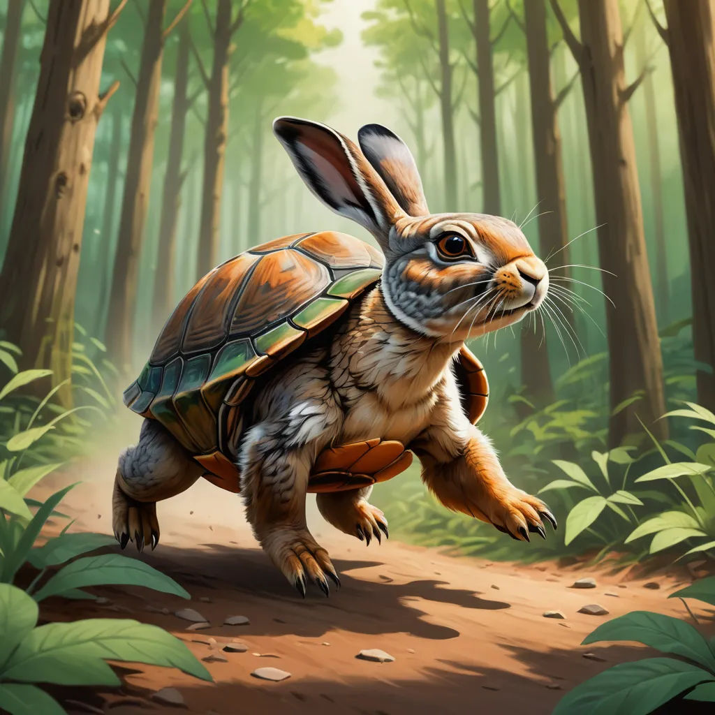 a painting of a rabbit riding a turtle in the woods with trees and leaves in the background, with a forest path in the foreground, altermodern, a digital painting, Clint Cearley, magic the gathering artwork