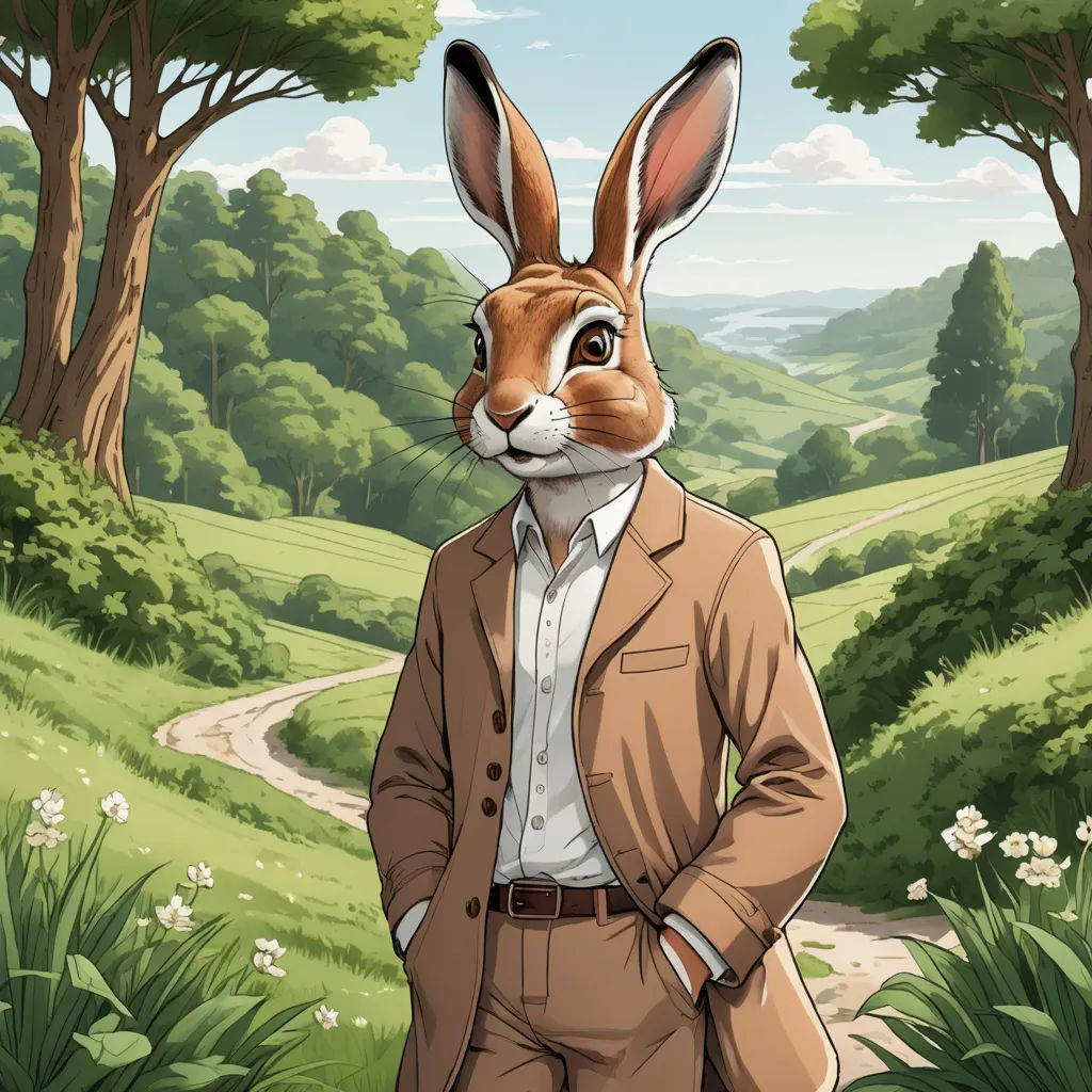 a rabbit in a suit standing in a field with a path leading to the woods behind him and a forest in the background, furry art, a character portrait, Colin Middleton, furaffinity