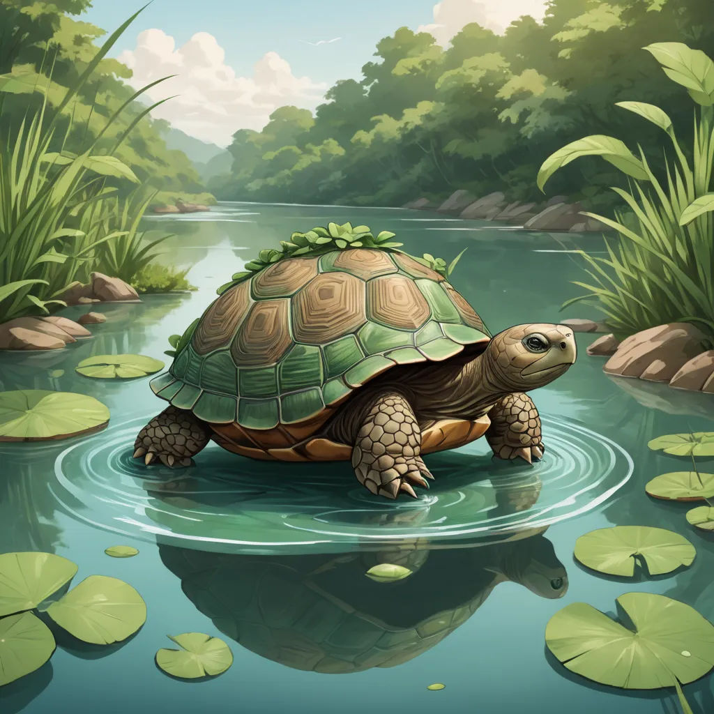 a turtle is swimming in a pond with lily pads on the water's edge and a forest in the background, sots art, a storybook illustration, Chris LaBrooy, highly detailed digital painting