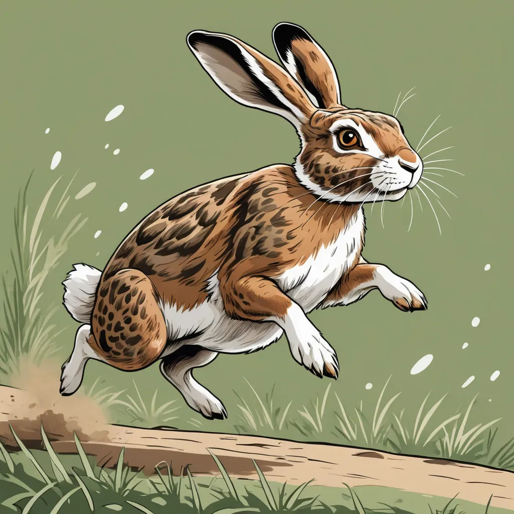 a brown and white rabbit running across a field of grass and dirt with grass growing on the ground and grass growing on the ground, furry art, an illustration of, Beatrix Potter, walton ford