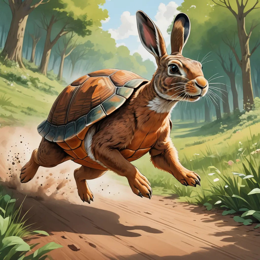 a rabbit running across a dirt road in the woods with a turtle on its back and a turtle on its back, altermodern, a digital painting, Chris LaBrooy, professional digital painting