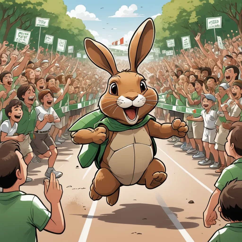 a cartoon of a rabbit running in front of a crowd of people with a cell phone in his hand, figuration libre, a storybook illustration, Diego Gisbert Llorens, storybook illustration