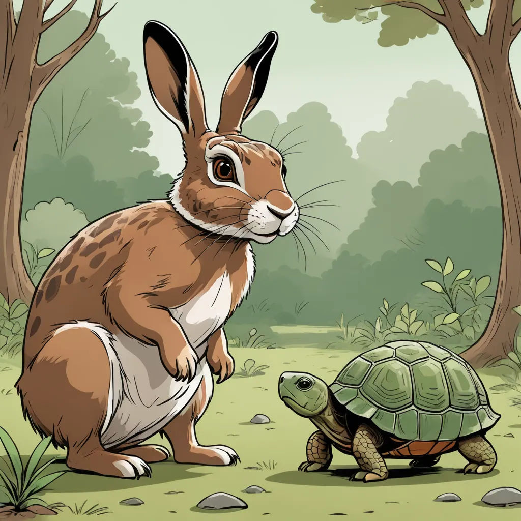 a rabbit and a turtle in a forest with trees and grass in the background, one of the rabbits is sitting on the ground, furry art, a storybook illustration, Beatrix Potter, storybook illustration