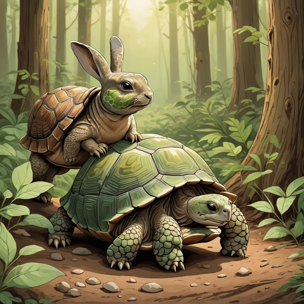 a rabbit sitting on top of a turtle in the forest with another turtle on its back in the foreground, fantasy art, a storybook illustration, Chris LaBrooy, highly detailed digital painting