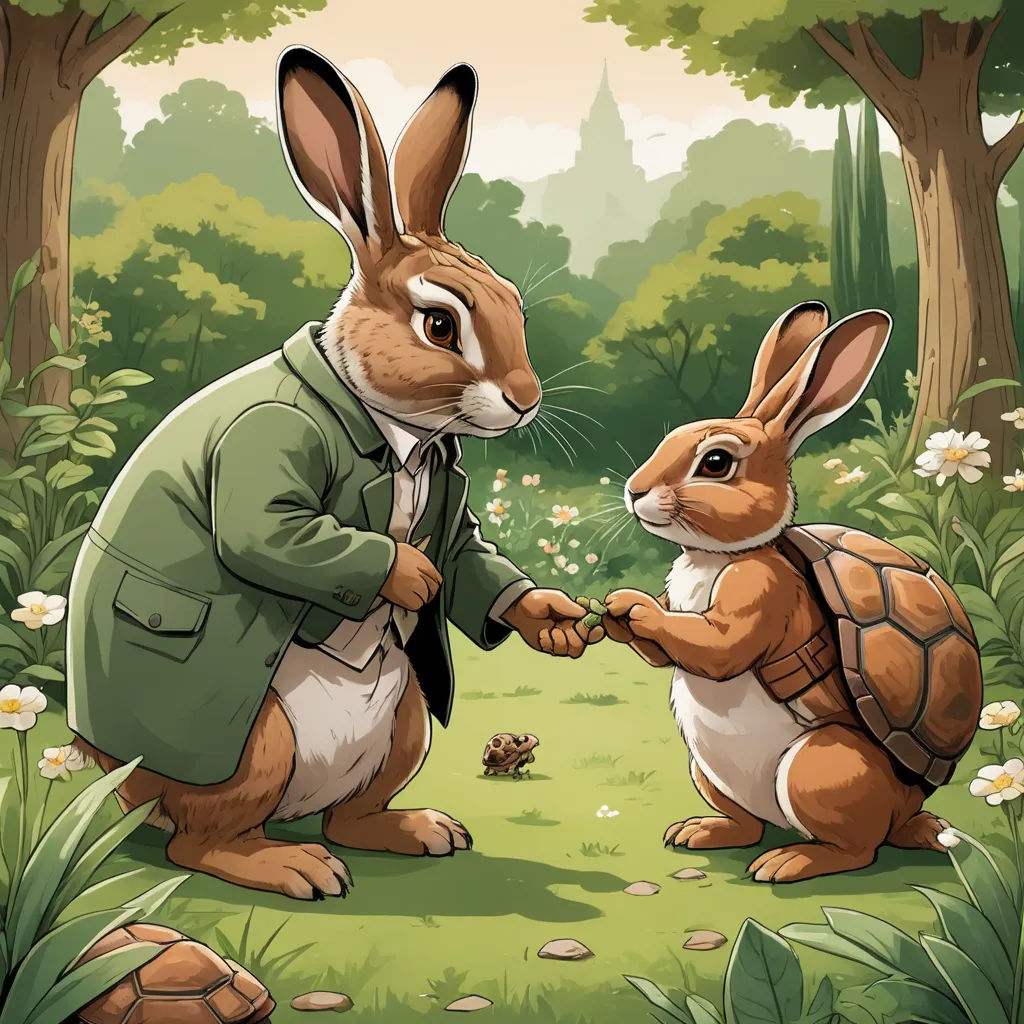 a rabbit and a tortoise are in the woods shaking hands with each other while the rabbit is holding the hand of the tortoise, furry art, a storybook illustration, Beatrix Potter, storybook illustration