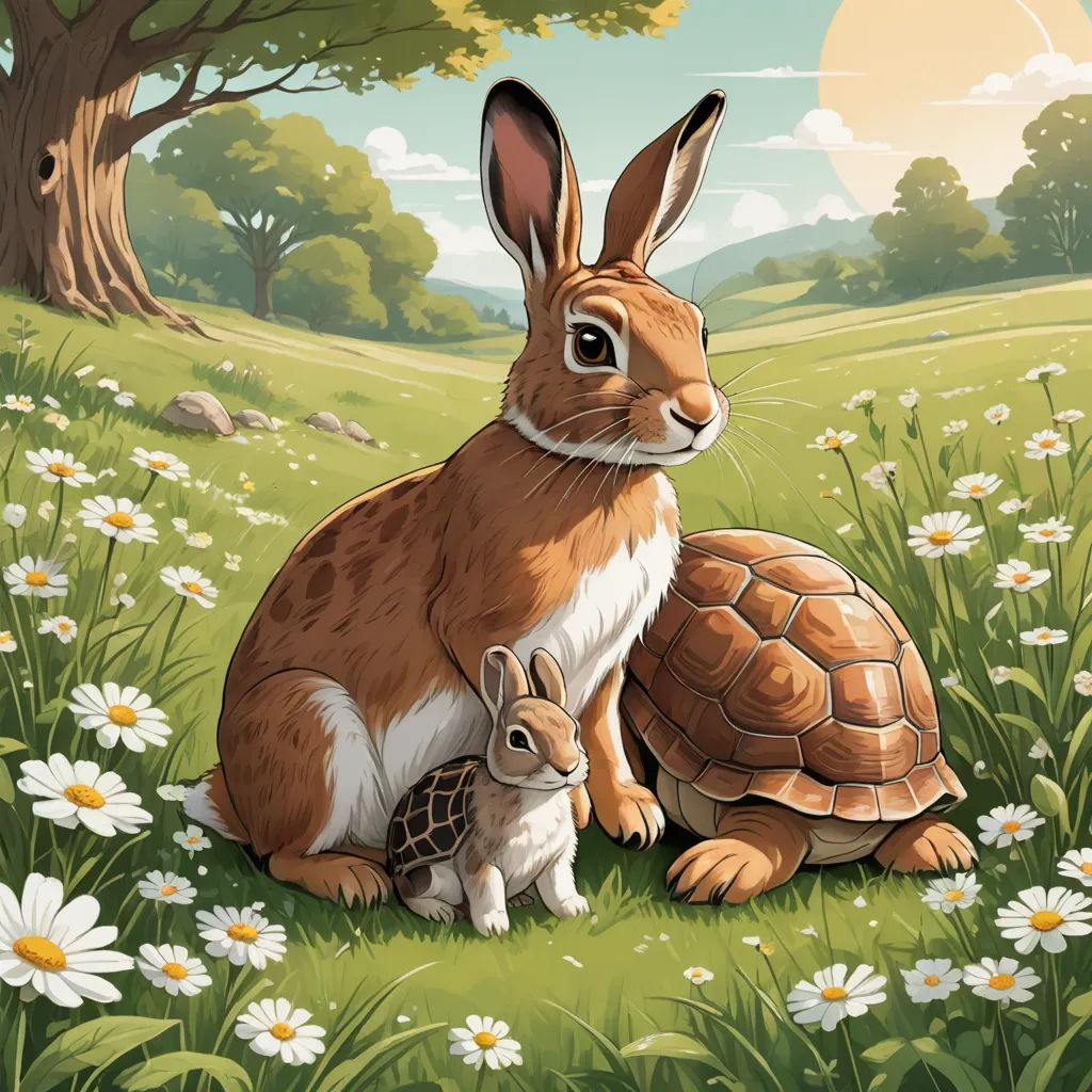 a rabbit and a tortoise in a field of daisies and trees with a sun in the background, furry art, a storybook illustration, Chris LaBrooy, storybook illustration