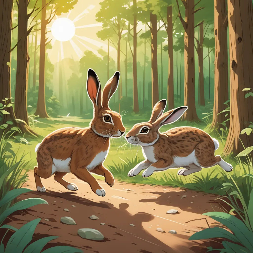 two rabbits running in the woods towards each other with sunlight shining through the trees behind them and a path leading to them, furry art, a storybook illustration, Dan Mumford, rossdraws global illumination